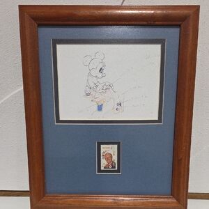 Framed Mickey Mouse Sketch W 1968 Walt Disney 6 Cent Stamp. Vintage Collectable.